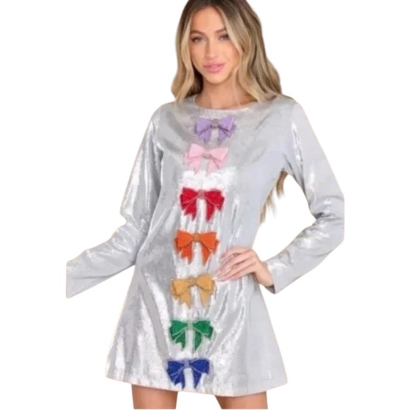 Queen of Sparkles Silver Sequin Rainbow Bow Mini Dress Small